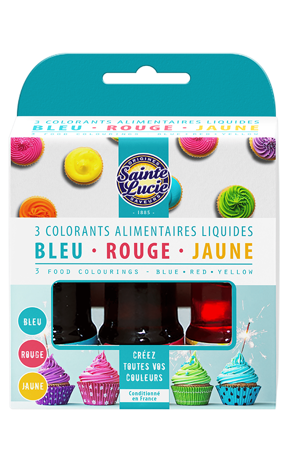 3 colorants alimentaire liquides bleu, rouge, jaune