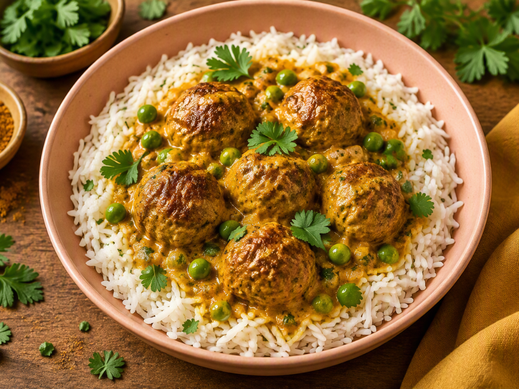 Boulettes Au Curry, Riz Et Petit Pois