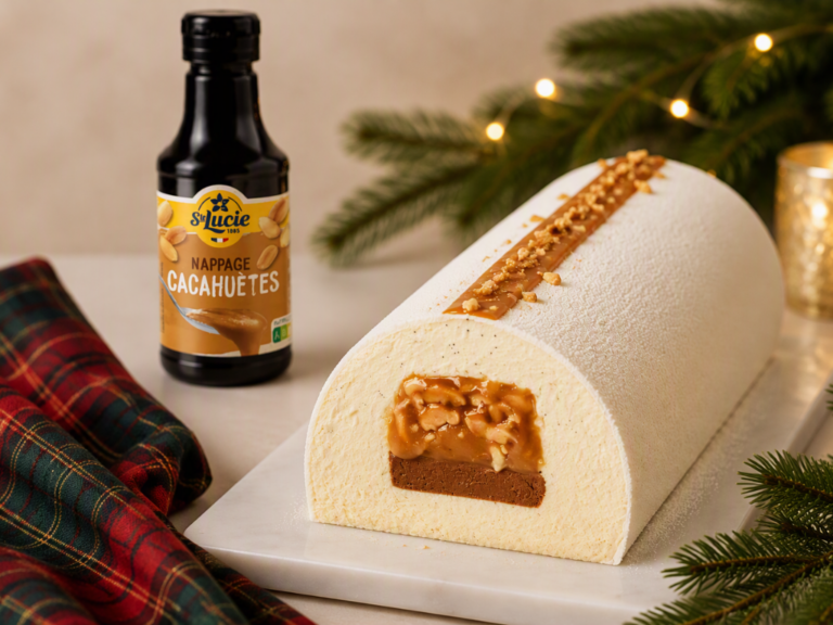 Buche de Noël vanille cacahuète chocolat blanc