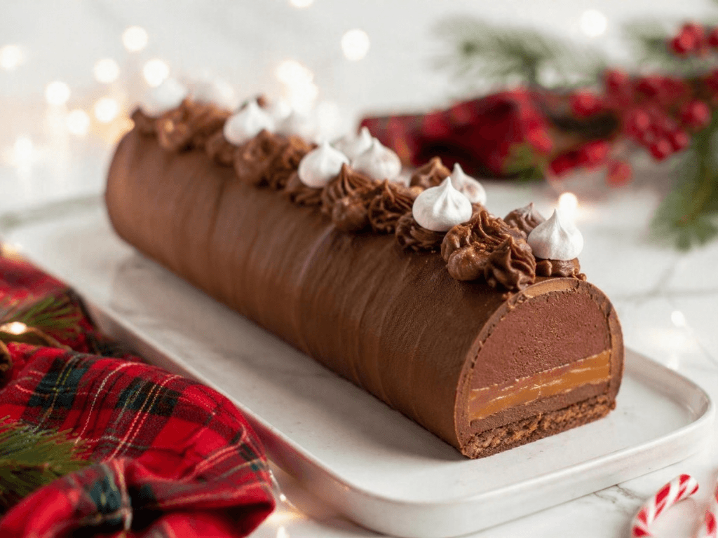 Bûche chocolat, caramel & cacahuète